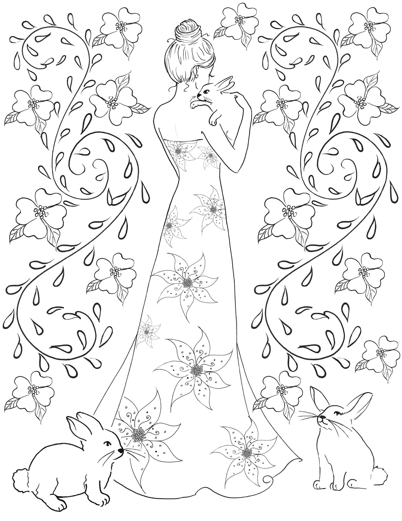 free coloring page, easter bunnies coloring, fashion coloring page